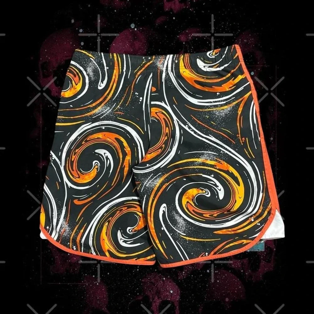 Vintage Y2K Nike Swim Trunks Orange Black Swirl Pattern Shorts XL